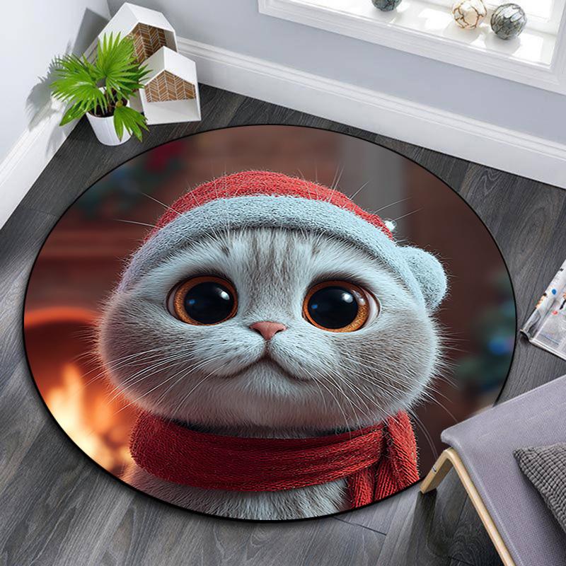 Cat in Santa Hat Round Area Rug,Carpet Rug for Living Room Bedroom Sofa Playroom Decor,Non-slip Floor Mat