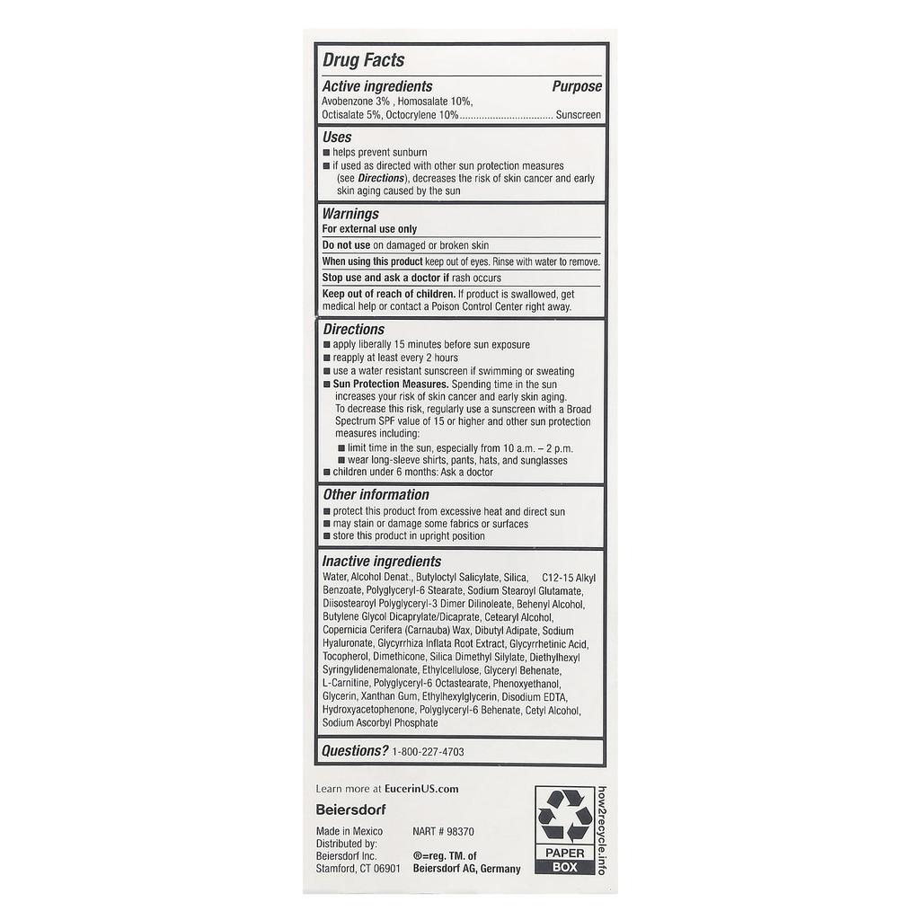 Eucerin Легкий солнцезащитный лосьон для лица против старения, SPF 50, без отдушек, 2,5 жидких унций (75 мл)