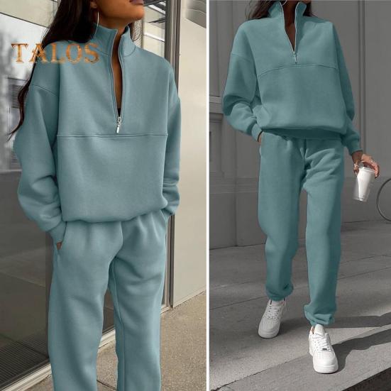 2 Pcs/Set Women Top Pants Set Half Zipper High Collar Long Sleeve Thickened Sweatshirt Stretchy Waist Ankle-banded Trousers Sport Fitness Tracksuit
