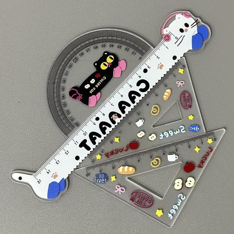 Cute Cat Acrylic Ruler Set - 4-Piece Cartoon Stationery for Students
