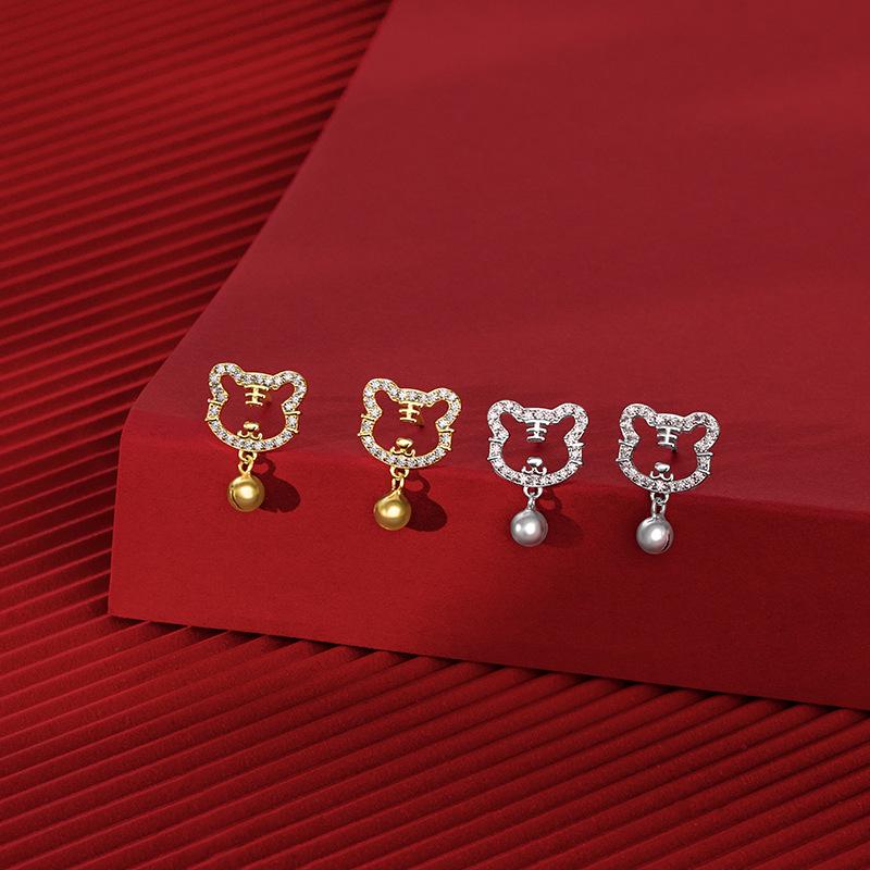 Серьги из серебра 925 пробы 'Зодиакальный Тигр' для женщин - в японском и корейском стиле с колокольчиками и бриллиантами