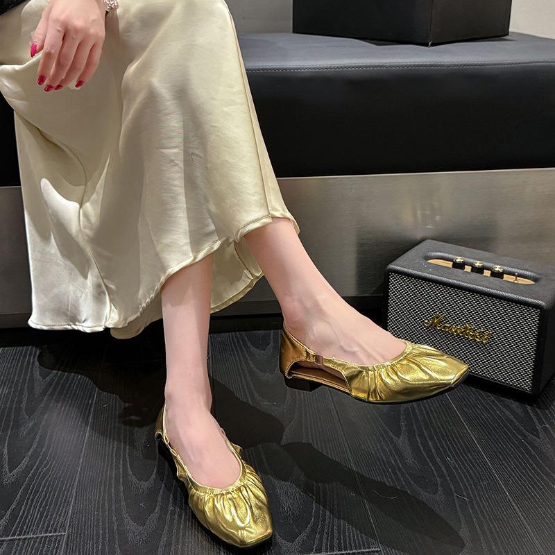 Нишевые женские туфли с мелким вырезом, женские новые плиссированные туфли с квадратным носком, женская летняя универсальная обувь на плоской подошве, туфли бабушкины женщины