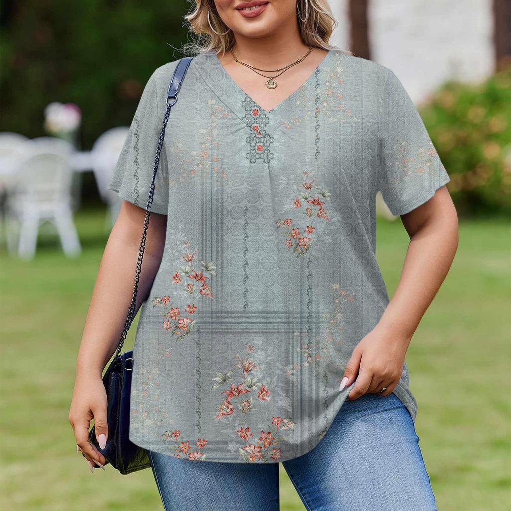 Женская модная повседневная свободная блузка большого размера с коротким рукавом, элегантная с V-образным вырезом, для работы