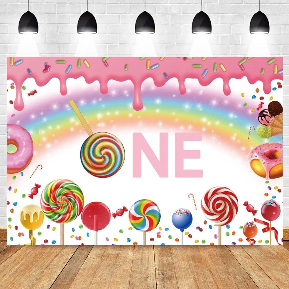 Newborn Baby First Birthday Backdrop Ice Cream Donuts Paper Cupcake Lollipop Sweet Cake Smash Baby Shower Party Photo Background