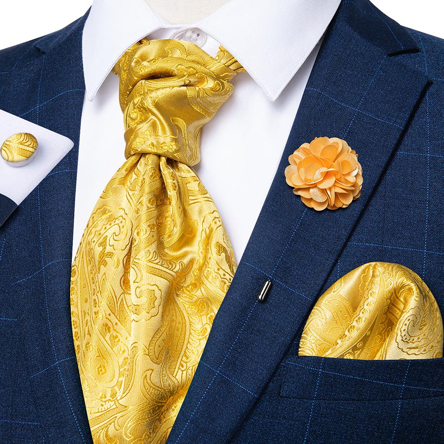 Men's Acot Tie with Boutonniere Floral Paielsy Silk Tie Hanky Cufflinks Luxury Ascot Tie Set Dibangu