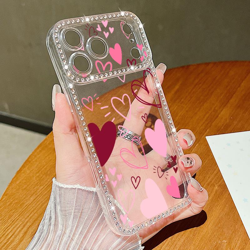 Розовое Сердце Глаз Узор Алмазный Чехол Для iPhone 17 Pro Max Funda iPhone 16 Pro Max 15 14 13 11 Прозрачный ТПУ Силиконовый Мягкий Чехол
