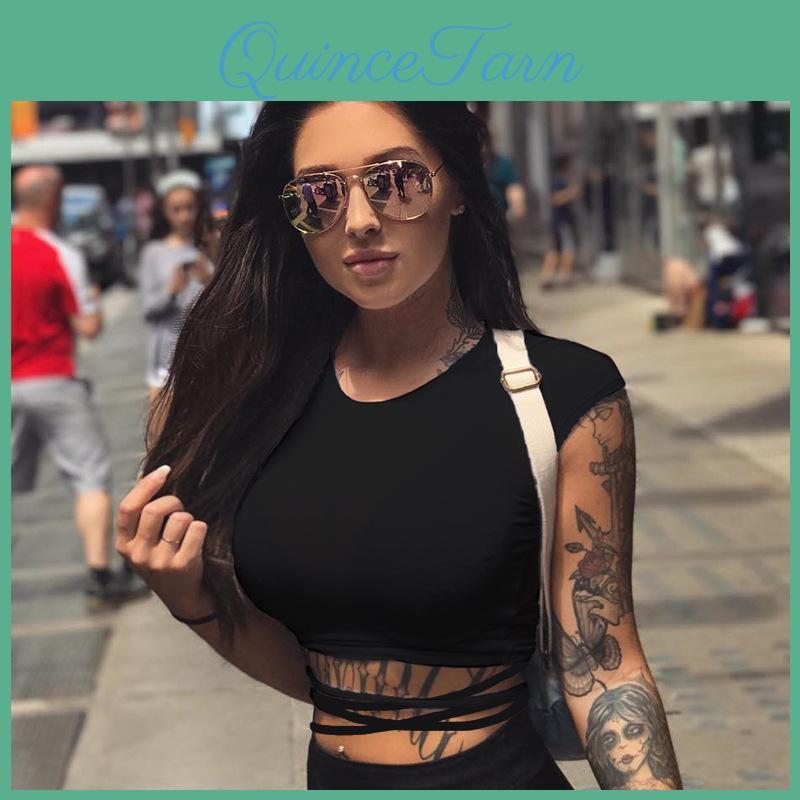 Summer Short Women Tshirts Black Sexy Crop Tops Short Sleeve Bandage Tee Tops Female Shirts