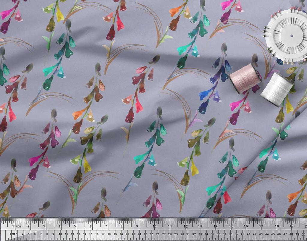 Soimoi Серая японская креп-сатиновая ткань, колокольчик, цветок, акварельный декор, ткань с принтом, метр 42 дюйма