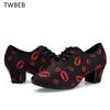 Women's Lady's Girl's Red Lips Indoor Oxford Leather Sole Chunky Heel Sneaker Ballroom Modern Salsa Latin Dance Shoes