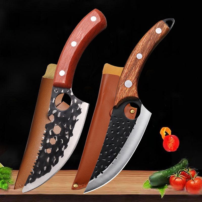 2PCS Knives Set Hand Forged Multipurpose Fruit Knife Stainless Steel Meat Cleaver Vegetable Knife Sharp Butcher Boning Knife