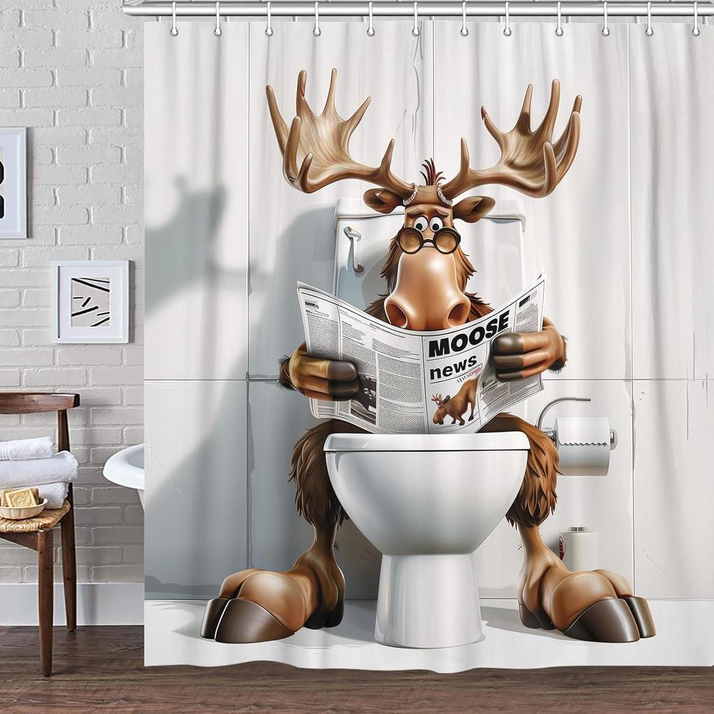 Funny Moose Shower Curtain, Cool Moose Fabric Shower Curtains Set for Men Kids Boys Bathroom Decorative, Unique Cute Restroom