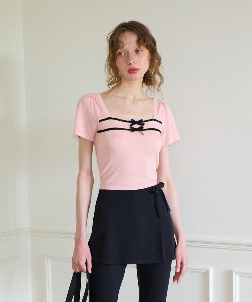 SALON DE YOHN Ribbon Square Neck Crop Knit_ Pink