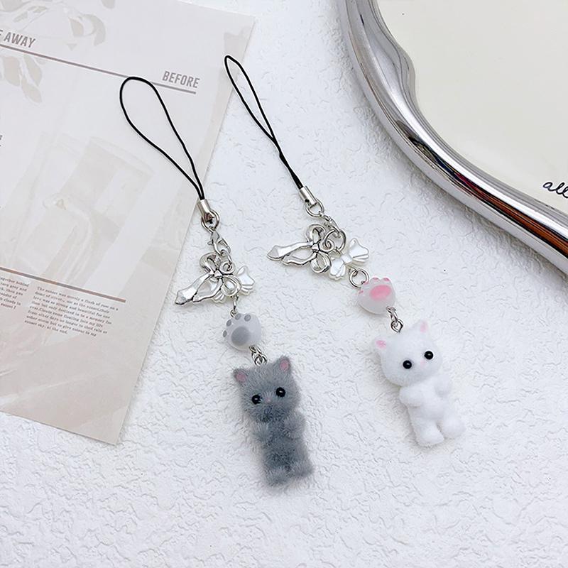 Kawaii Flocking Cat Pendant Phone Lanyard Y2K Cute Bow Kitten Phone Chain Korean Mobile Phone Charm Keycord Girl Gifts