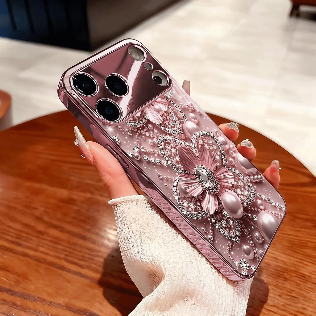 Глянцевый чехол для телефона iPhone 17 Pro Max с цветочным узором, цвет розовое золото. Встроенное стекло для iPhone 17 16 15 14 13 12 Pro Max Pro Plus