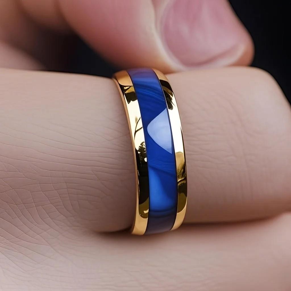 Abalone Inlay Blue Shell With Rings Fashion 8mm Gold Color Men Stainless Steel Ring For Men Women Wedding Jewelry Drop Shipping