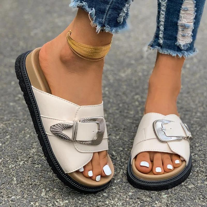 Модная женская обувь 2024 года, горячая распродажа, женские тапочки с пряжкой на ремне, модные повседневные тапочки с открытым носком, женские тапочки с круглым носком на плоской подошве