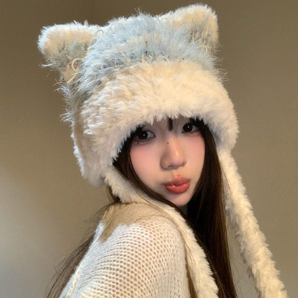 Cold-proof Faux Fur Beanies Hat Cat Ear Knitted Bobble Cap Fashion Mongolian Hat Women Accessories