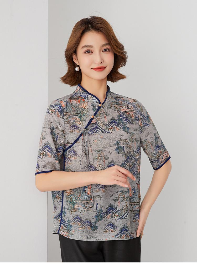 New Chinese Style National Style Printing 100% Mulberry Silk Design Summer Silk Comfortable and Breathable Women's T-shirt