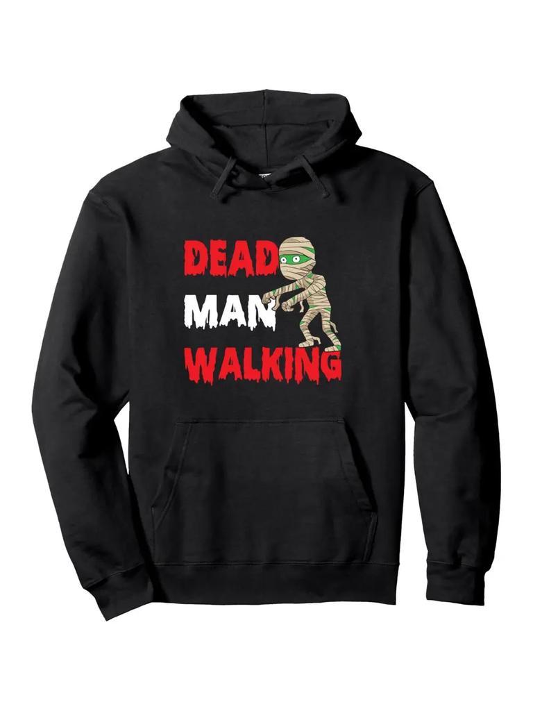 "Dead Man Walking" Mummy Graphic Hoodie - Black Casual Pullover with Green & White Print