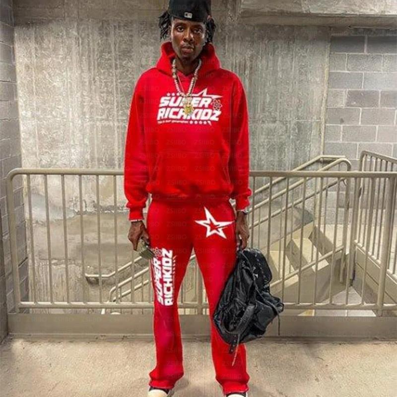 Unisex Hooded Sweatshirt Set With Star Letter Print Loose Fit Casual Streetwear Fall
