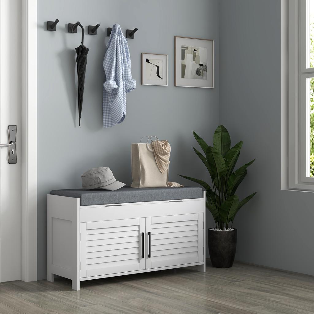 Shoe Bench with Internal Shelf Adjustable on 6 Levels, in MDF and Faux Linen, 90x36x50 cm, White and Grey