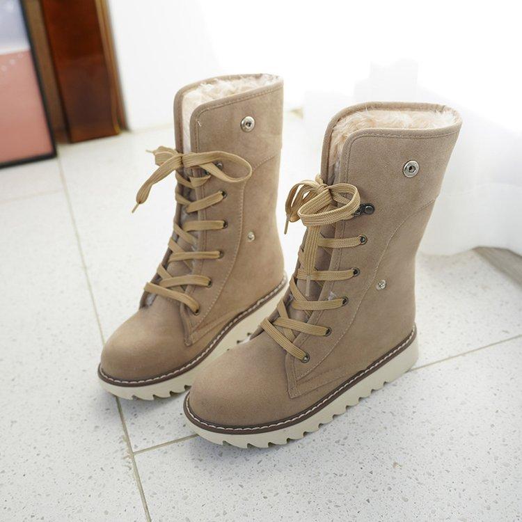 Snow Boots Women Suede Furry Solid Color Round Toe Lace Up Flat Cotton Shoes Winter Casual Plush Fur Warm Platform Ankle Boots