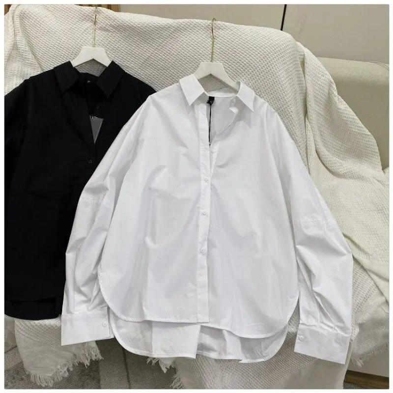 Осенняя корейская мода, однотонная простая рубашка с длинными рукавами и фонариками, топы с отложным воротником, женская свободная одежда, Blusas 29581