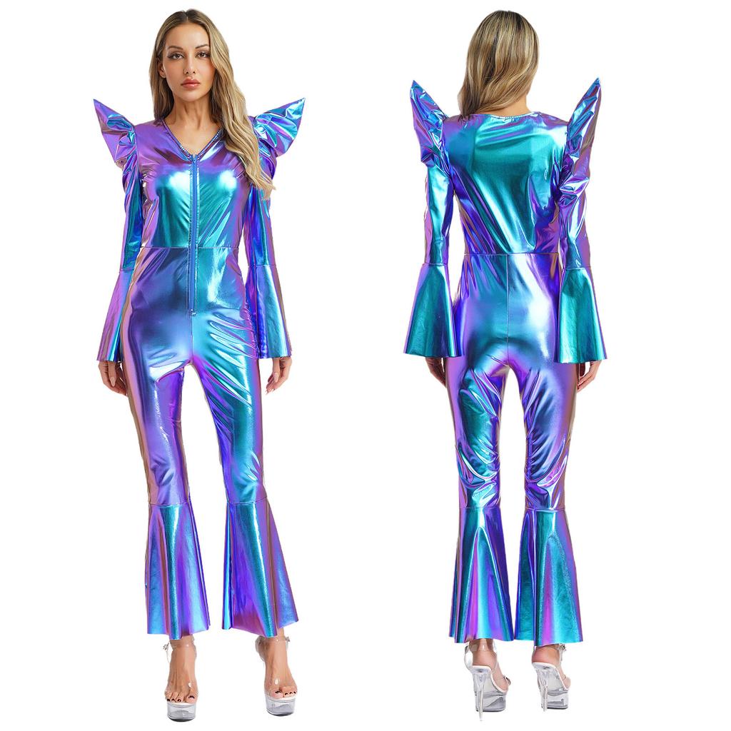 Metallic Shiny Bell Bottom Jumpsuit for Women S-3XL: Disco Style Romper with High Waist & Long Sleeves, Halloween Costume
