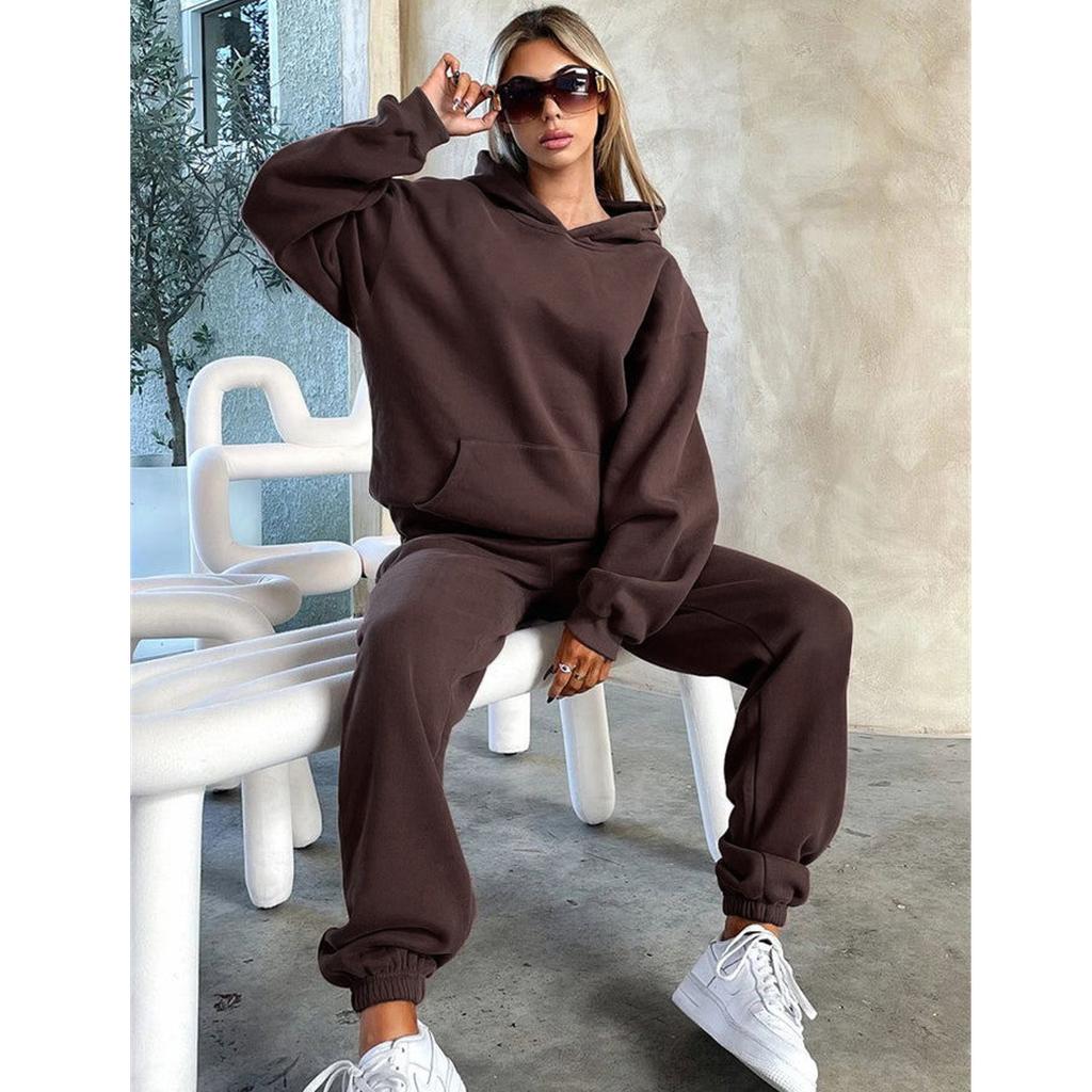 Женский однотонный комплект осенне-зимнего флисового свитшота с длинными рукавами и капюшоном, модный повседневный толстовка, брючный костюм