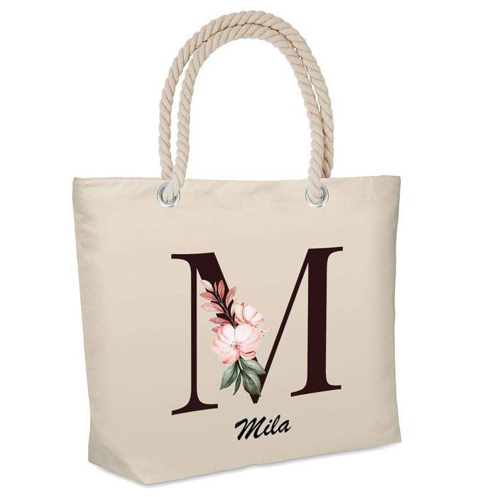 Sac de plage - PLANETEE - Mila Lettre Fleur - Coton naturel - Grande contenance - Imprimé en France