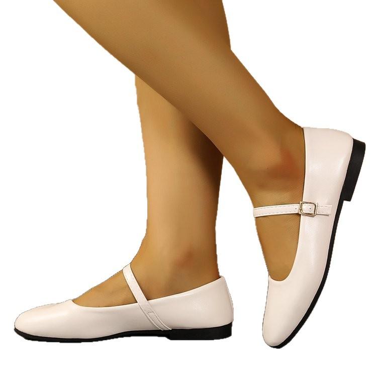 Shallow Single Shoes Women's Spring and Summer Retro Buckle Low Heels Literary Square Head Soft Leather Mary Jane Shoes