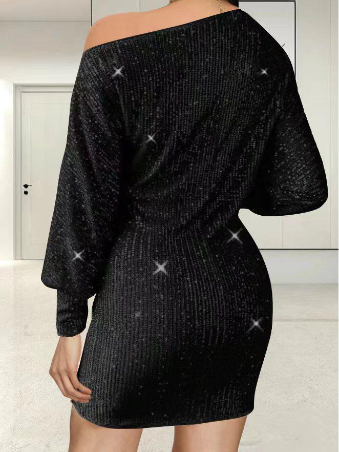 2024 Spring/Summer Women's One-Shoulder Sequin Midi Dress with Long Sleeves