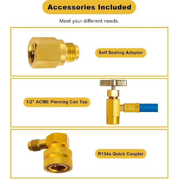 Belleone R134A Refrigerant Recharge Kit, AC Recharge Hose Kit With Gauge, R134A Freon Can Tap Recharging Hose With Detachable R134A Quick Coupler For
