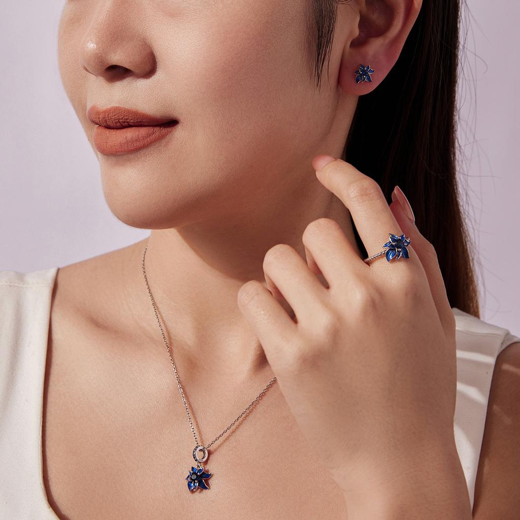 WOSTU 925 Sterling Silver Vintage Blue Enamel Flower Open Rings Stud Earrings Pendant Necklace For Women Wedding Luxury jewelry