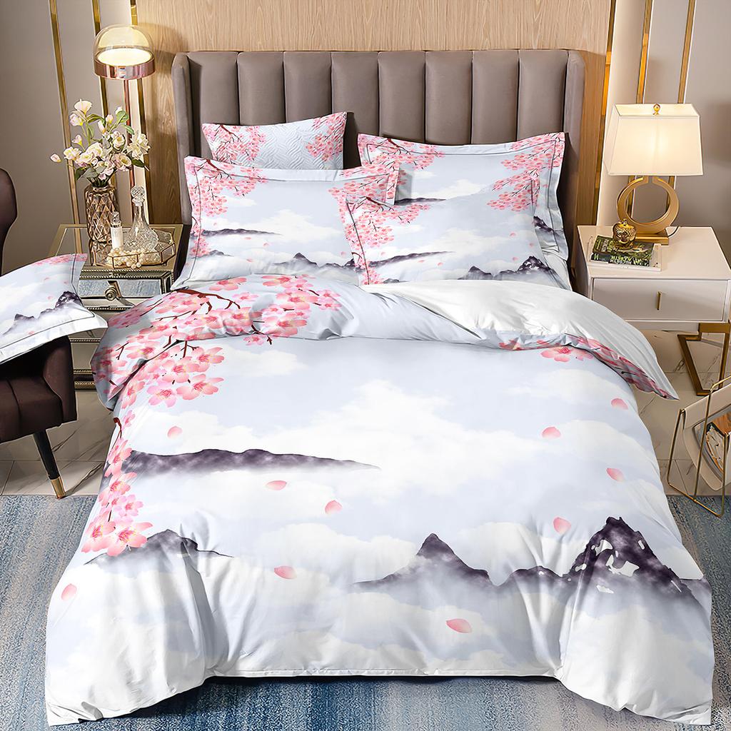3D Three-Piece Ukiyo-E Painting Wave Flower Quilt Cover Digital Printing Bedding