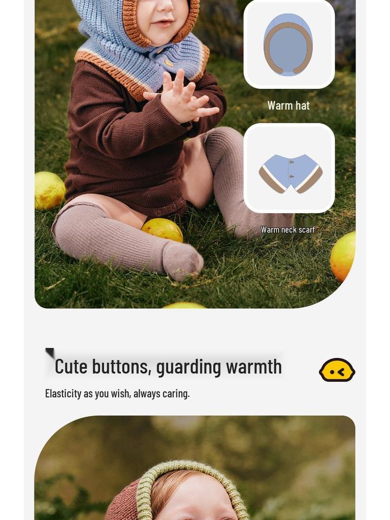 Набор вязаных шапочки и шали из лимонной детской шерсти - Теплая, ветронепродуваемая осенне-зимняя шапочка для младенца