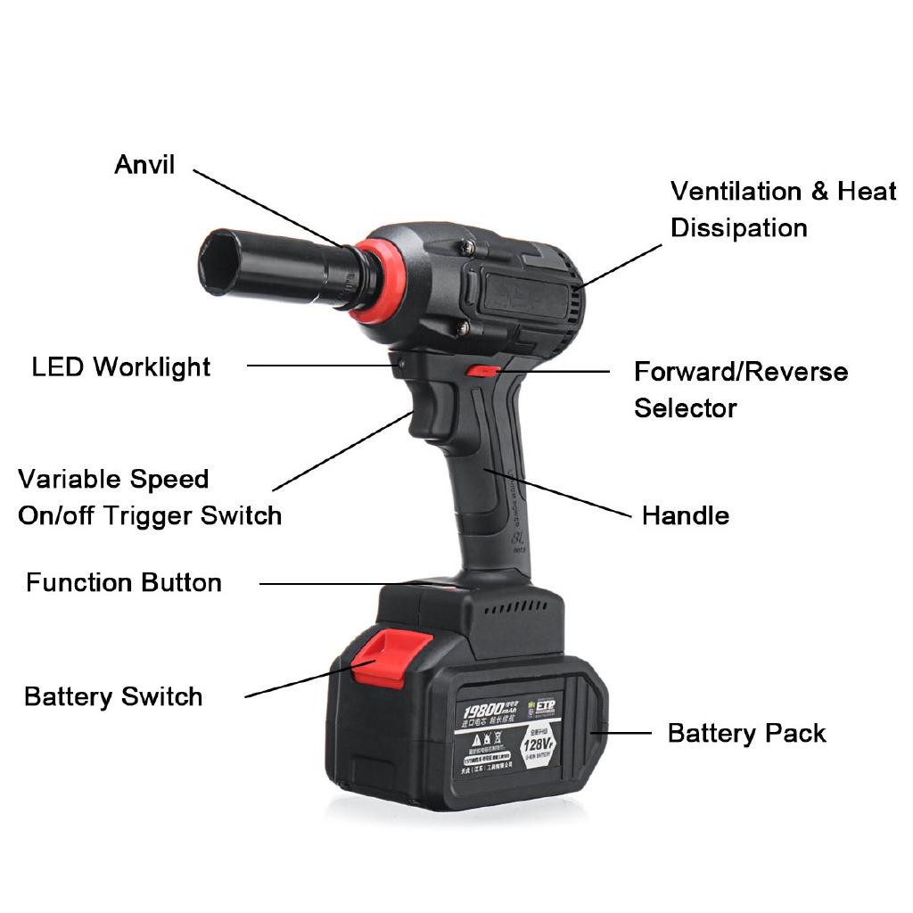 128V Electric Brushless Wrench 19800mAh Large Capacity Power Wrench Tool 1 OR 2 Lithium Batteries