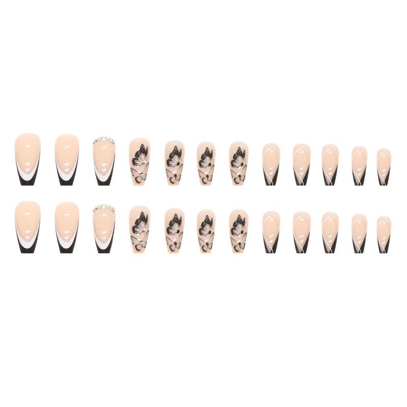 Artificial Nails Dark Sweet Cool Butterfly Wear Nail Simple French Nail Art Medium Long Diamond Style False Nail Black and White Color Matching Nail