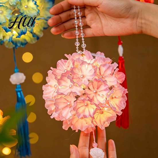 Night Market Atmosphere Light Hydrangea Lantern DIY Kit, Handheld Glowing Chinese Style Flower Manual Assembly Art Project Craft for Mid Autumn,