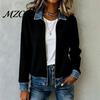 Casual Everyday Top Women Corduroy Denim Zip-Up Jacket, Long Sleeve Coat, Relaxed Fit Jacket Fall Winter with Contrast Turndown Collar Spliced Coat