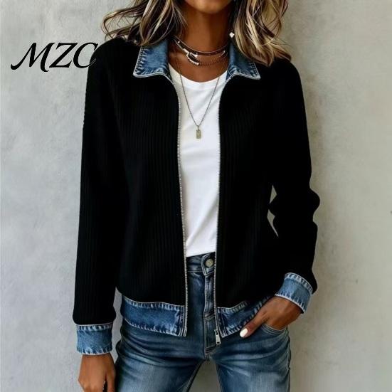 Casual Everyday Top Women Corduroy Denim Zip-Up Jacket, Long Sleeve Coat, Relaxed Fit Jacket Fall Winter with Contrast Turndown Collar Spliced Coat