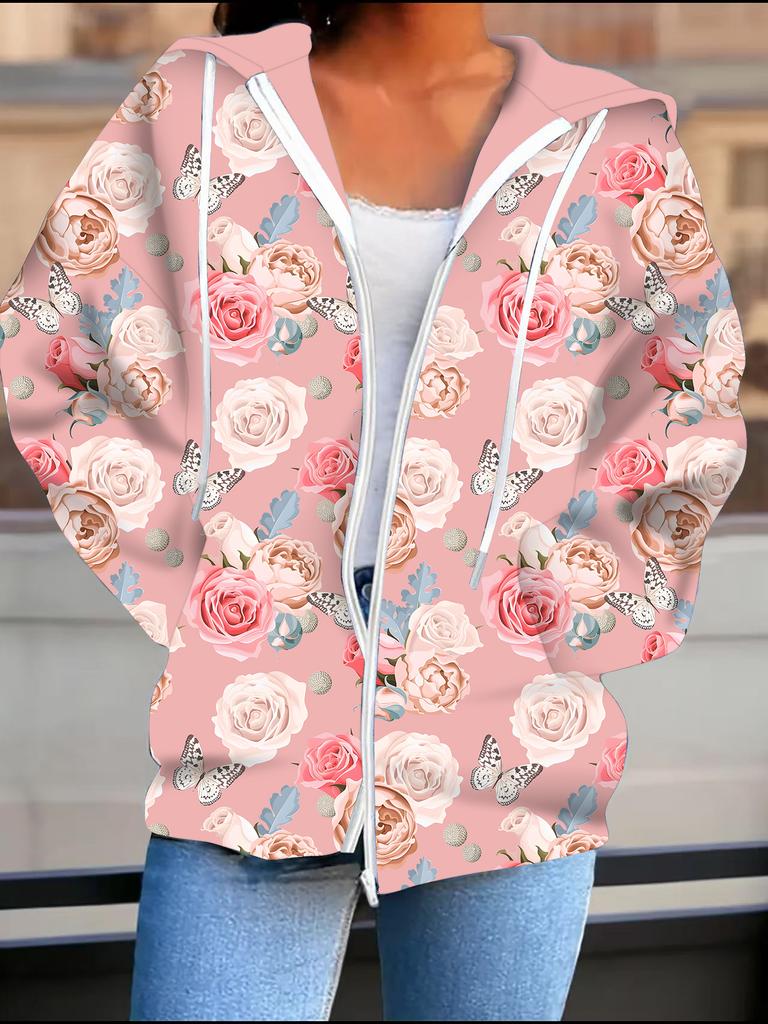 Flower 3D Printed Hooded Cardigan Plus Size Autumn Winter Retro