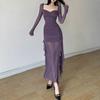 Winter Party Queen Purple Mature Sexy Beautiful Confident Elegant Graceful Women'S Translucent Thin Straight Dress