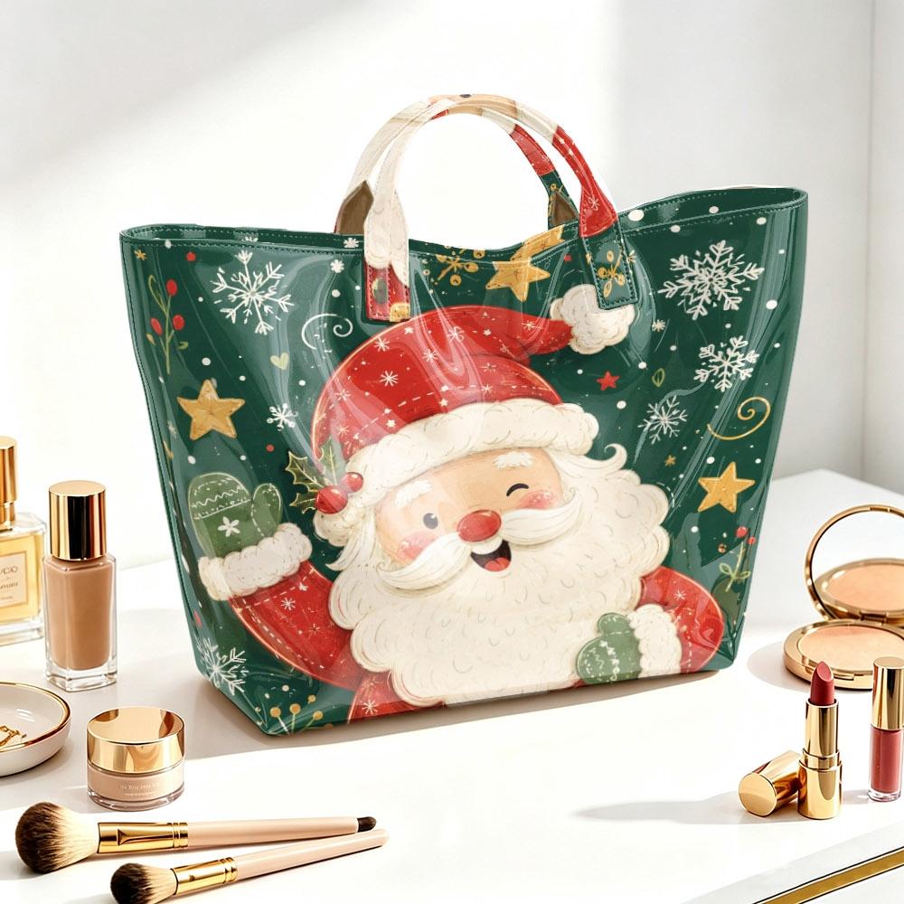 Christmas Santa Claus Print Tote Bag, Green Snowflake Star Pattern Handbag Shopping Shoulder Bag