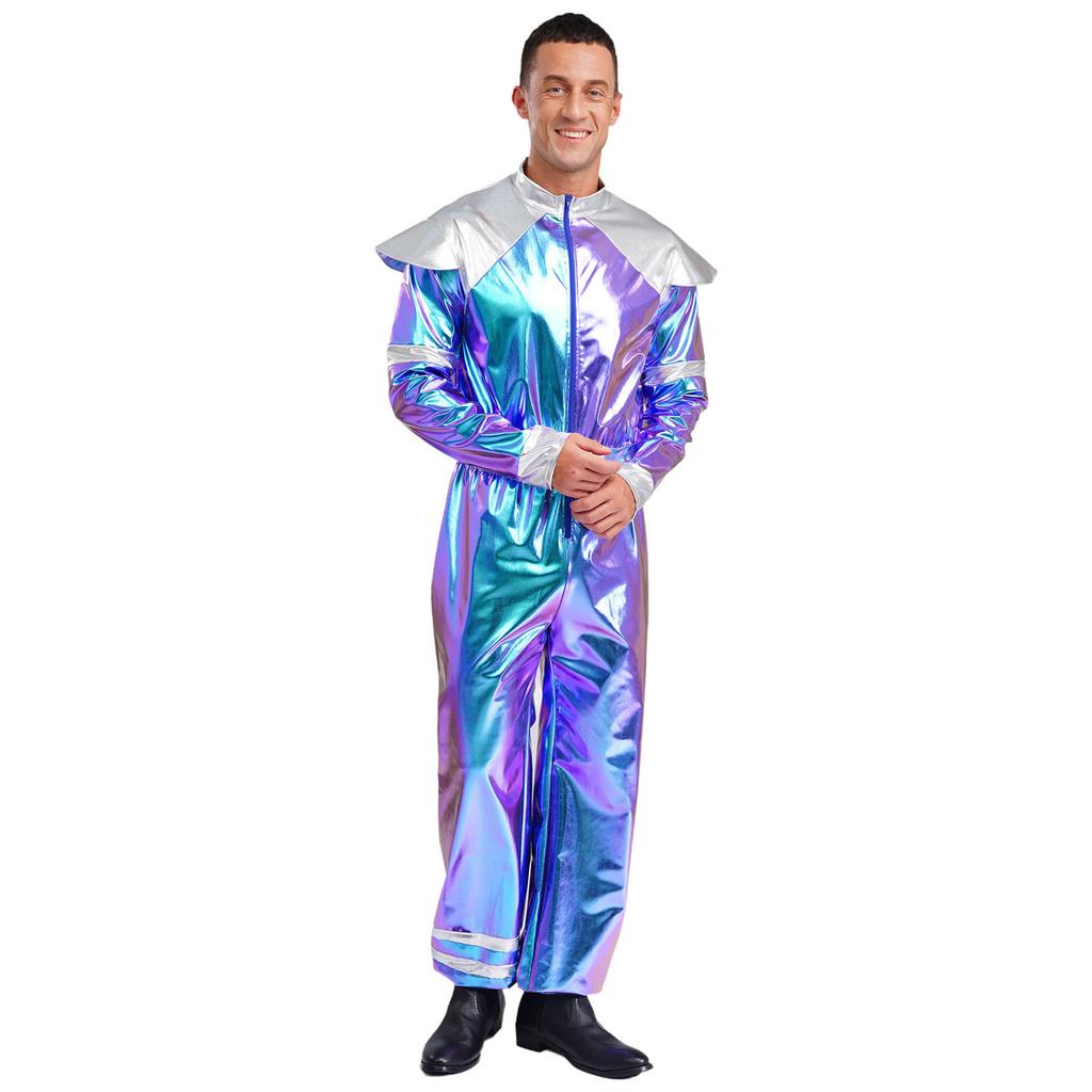 Mens Alien Robot Costume Retro Space Theme Long Sleeve Jumpsuit Shiny Metallic Halloween Party Outfit