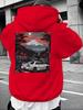 Men's Winter Casual Hooded Sweatshirt - Vibrant Red Graphic Print with Mountain & Car Design, Regular Fit, Machine Washable