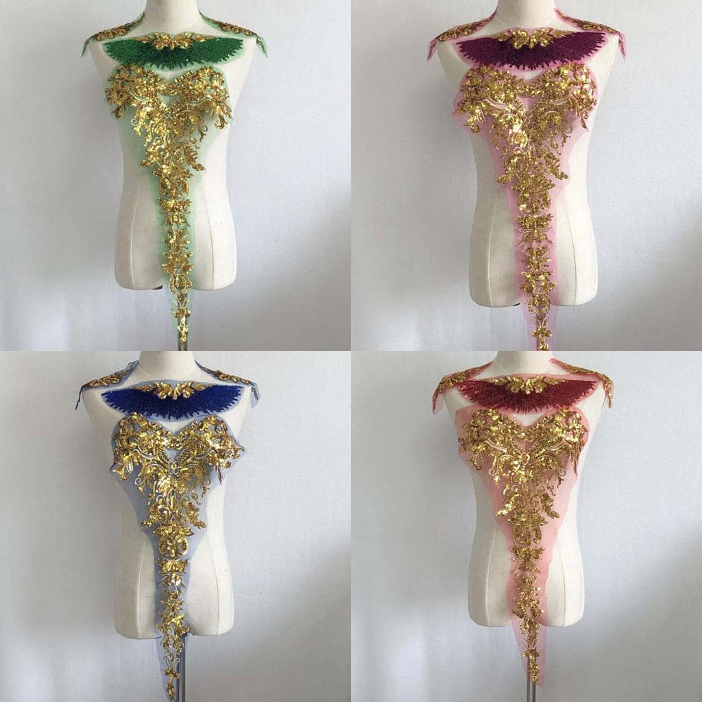 1 комплект золотых аппликаций с пайетками, красная синяя вышитая кружевная ткань, свадебные нашивки для украшения платья своими руками