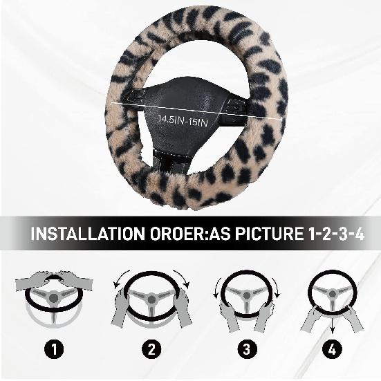 Road Comforts Leopard Plush Steering Wheel Cover For Winter, Made With Flurry Microfiber, Universal Fit 14 1/2 To 15 Inches Steering Wheel Cover,
