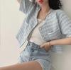 Korean Chic Summer Tweed Short Coat with Pearl Trim and Double Pockets