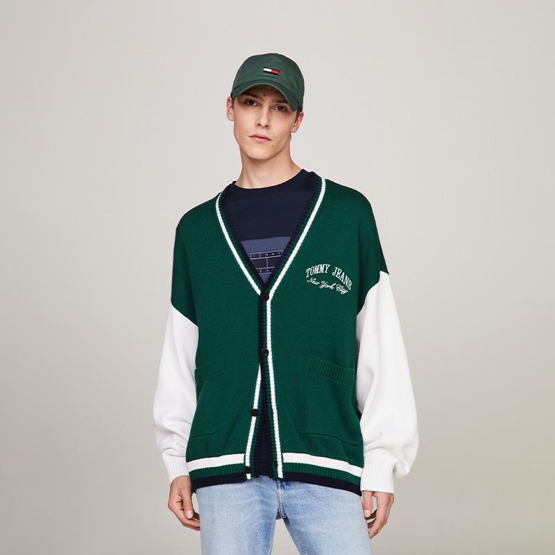 Tommy Hilfiger Хлопковый вязаный свитер в ретро-стиле колледжа, с цветными блоками, вышивкой, свободный, с V-образным вырезом, унисекс, зеленый, белый DM0DM18366